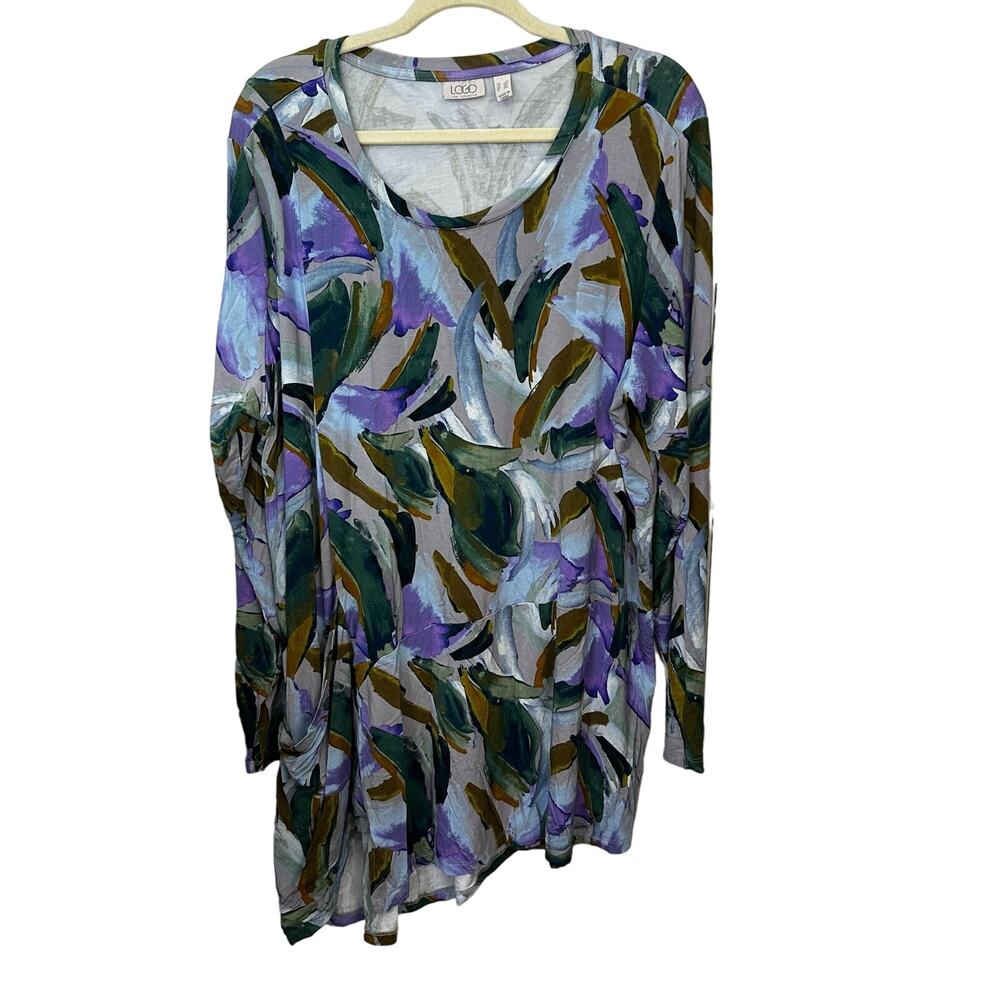 LOGO Lori Goldstein Asymmetrical Tunic Top 2X Purple Watercolor Print Pockets